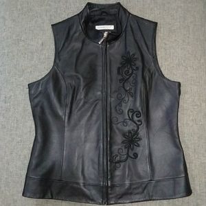 Coldwater Creek Black Leather Embroidered Vest SM